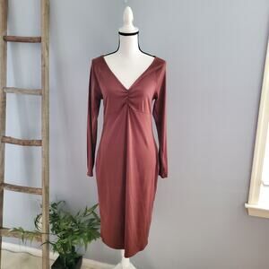 Planet Gold Brown Long Sleeve Ruched Midi Bodycon Dress Size XL